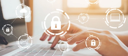 Businessman working on laptop. Protection network security computer and safe your data concept. Digital crime by an anonymous hacker Businessman working on laptop. Protection network security computer and safe your data concept. Digital crime by an anonymous hacker